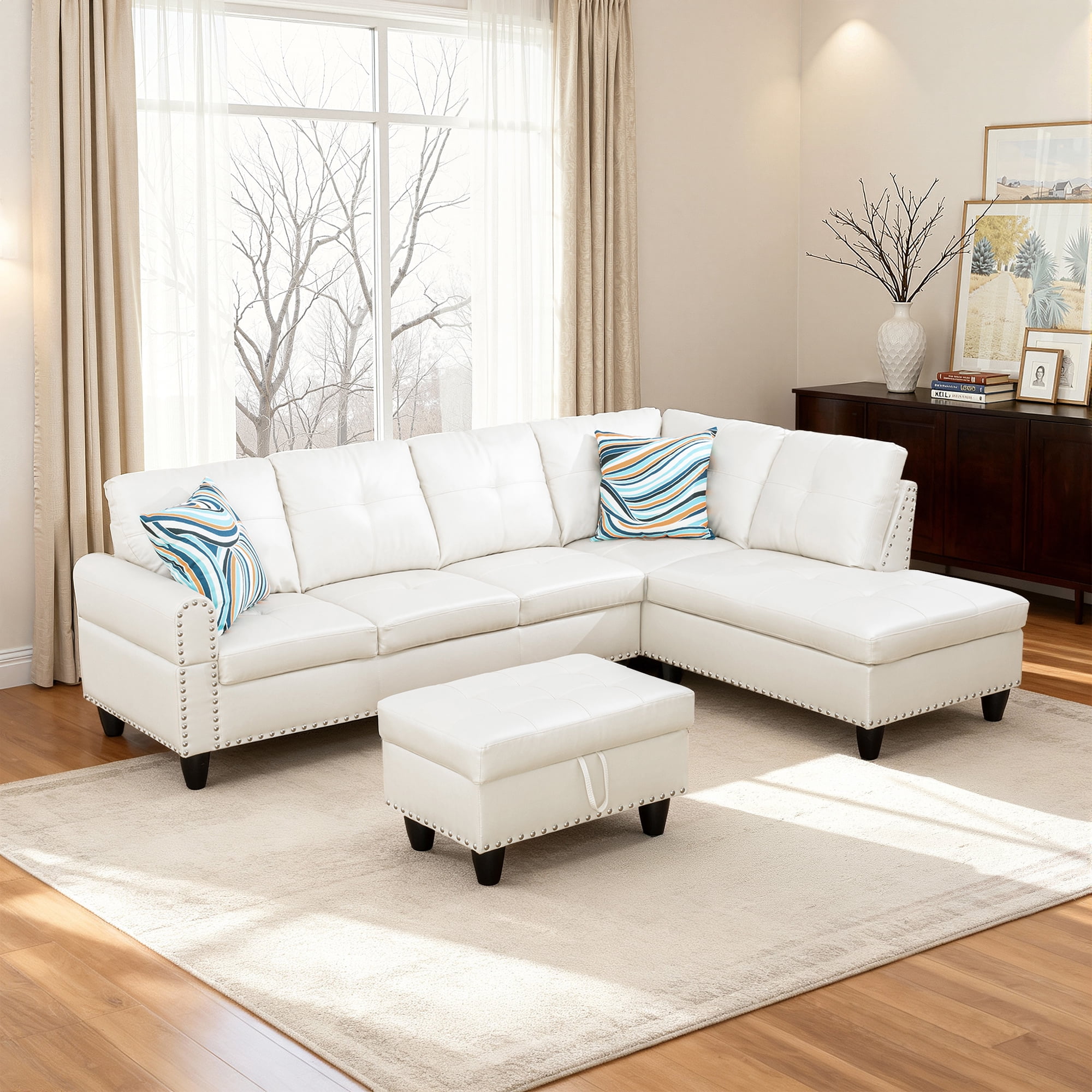 MAYEERTY 97.5" Faux Leather Sectional Sofa, 3-Piece Modular Couch Living Room Sofa Set with Ottoman, White (Right)