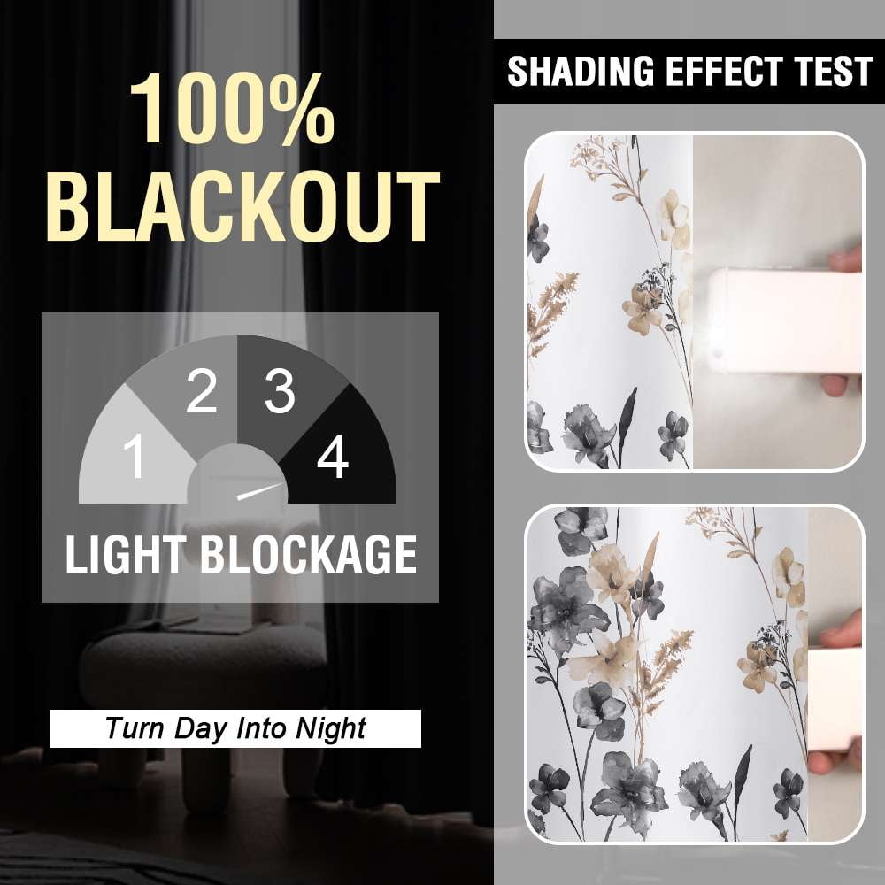 H.VERSAILTEX 100% Blackout Curtains Cattleya Floral Printed Drapes Leah Floral Thermal Bedroom Curtains for Living Room with Black Liner 2 Panels,52" x 63",Grey/Taupe