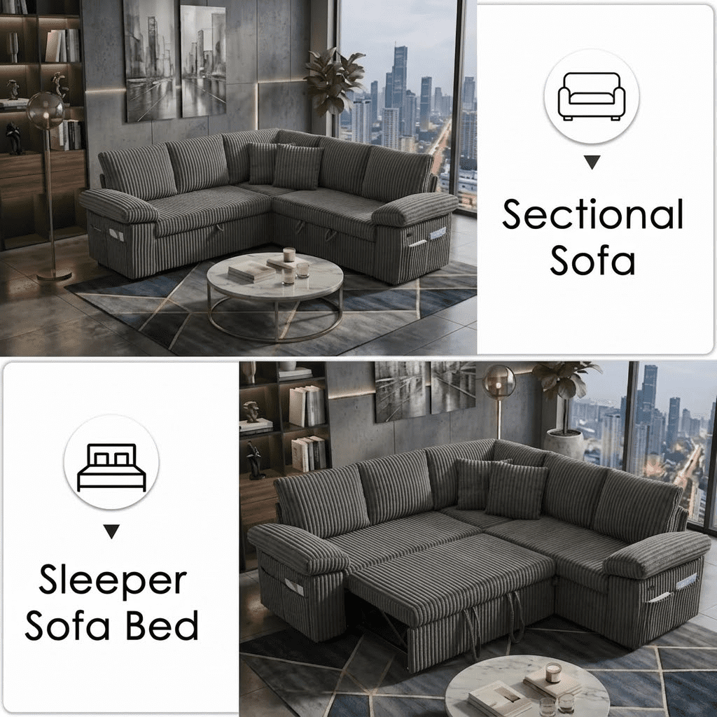 EPOWP 81" Modular Sectional Sleeper Sofa, L Shaped 5-Seater Couch with Pull Out Bed, Large Storage Chaise, USB Charging Ports & Adjustable Backrest, Corduroy Sofa Bed for Living Room,Dark Grey