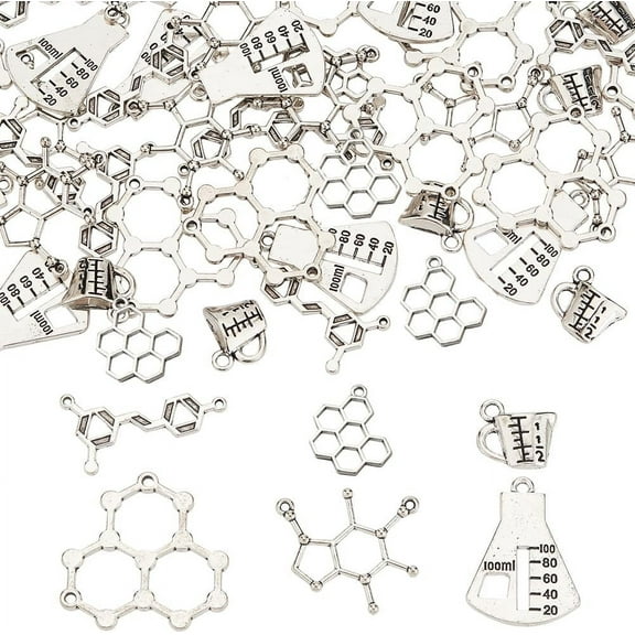 1 Box 60Pcs 6 Style Science Charms Chemistry Caffeine Molecule Charm School Teacher Tibetan Style Alloy Pendants for Jewelry Making Bracelet Earrings Graduation Cap Decor