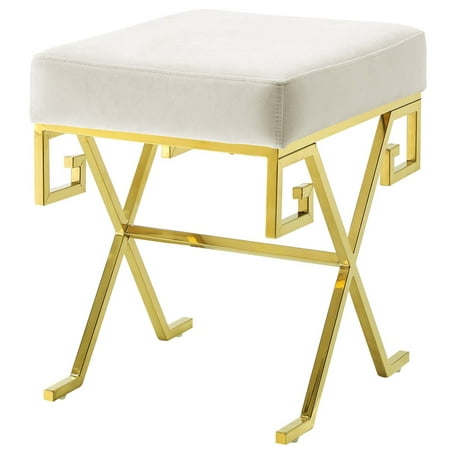 Modern Deco Contemporary Urban Design Living Room Lounge Club Lobby Accent Chair Bench, Velvet Fabric Metal Steel, Gold Ivory