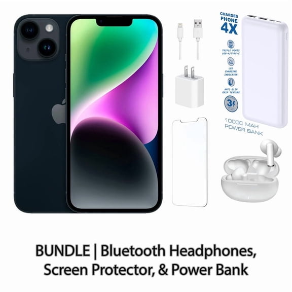 Restored Apple iPhone 14 256GB Midnight Fully Unlocked Bundle with 10,000 mAh Powerbank & Bluetooth Headphones