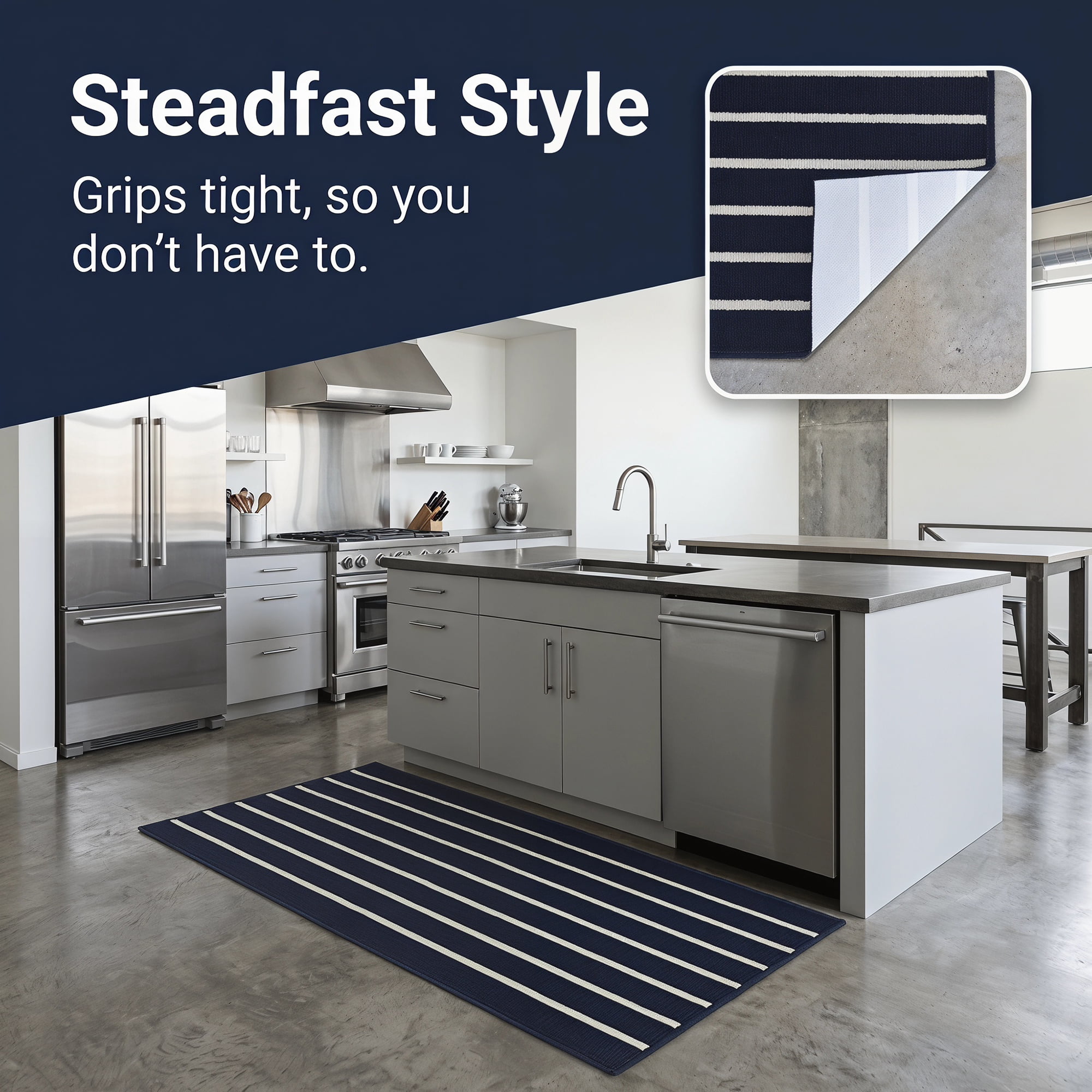 Unique Bargains Polypropylene Striped Non Slip Kitchen Runner Rug Black 47" x 20"