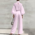 thumbnail image 4 of Cagogo Women Plus Size 2 Piece Set High Neck Puff Sleeve Top Pants Suit Solid Boho Casual Summer Travel Outfits Loose Fit Lounge Sets Tracksuits, Pink M, 4 of 6