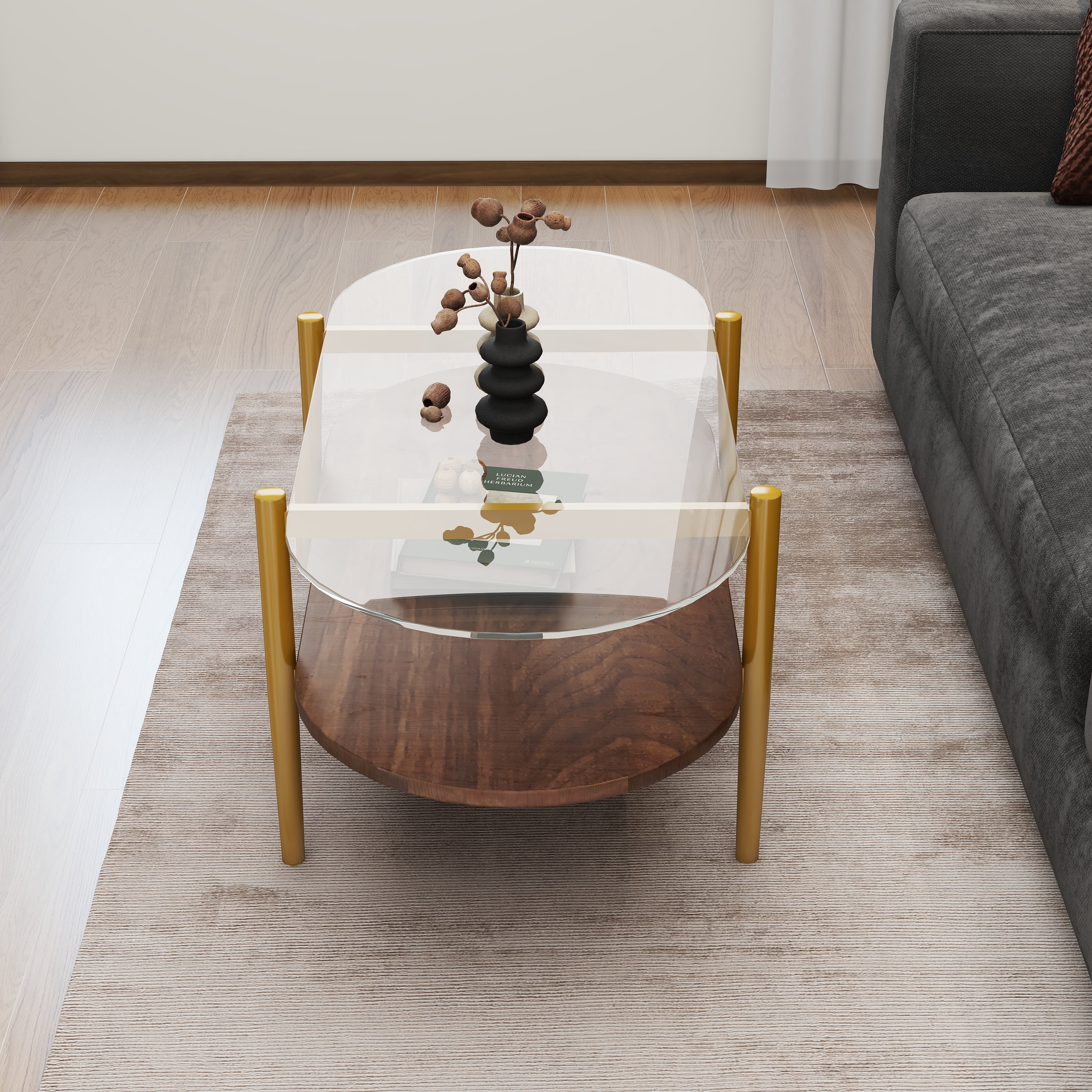 Oval Modern Glass Coffee Table Double Layer Storage Transparent Brown MDF Living Room