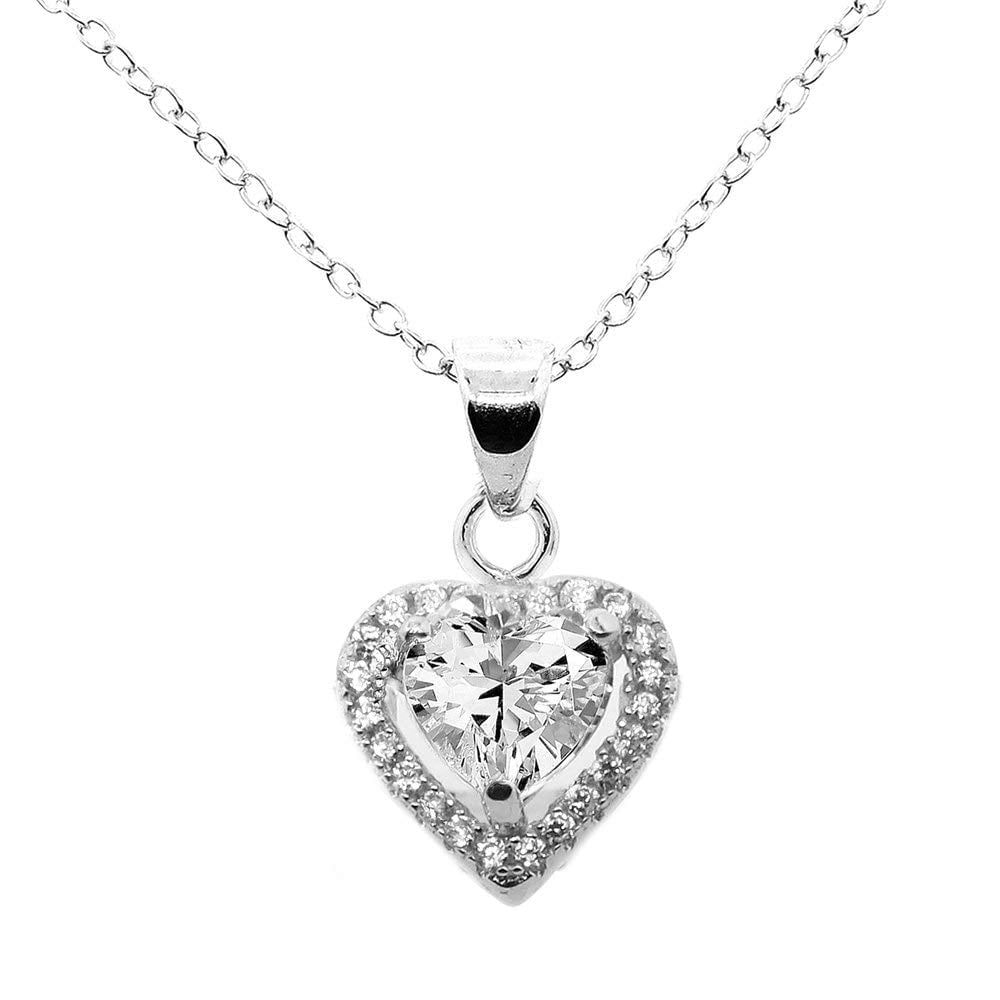 Cate & Chloe Amora Love 18k White Gold Plated Pendant Necklace, Silver Halo  Heart Necklace Beautiful Solitaire Round Cut Cubic Zirconia Cluster, 