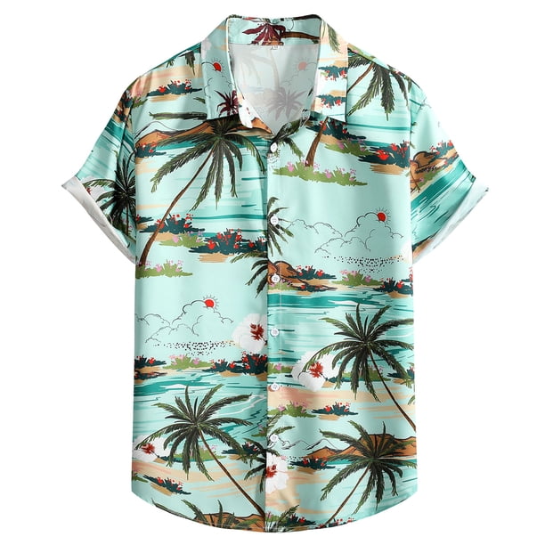 Camisas Para Hombre Camiseta con botones de solapa para playa y playa, estampado hawaiano informal, a la moda, de verano para hombre, camisa de manga corta, camisa estampada (Green, S)