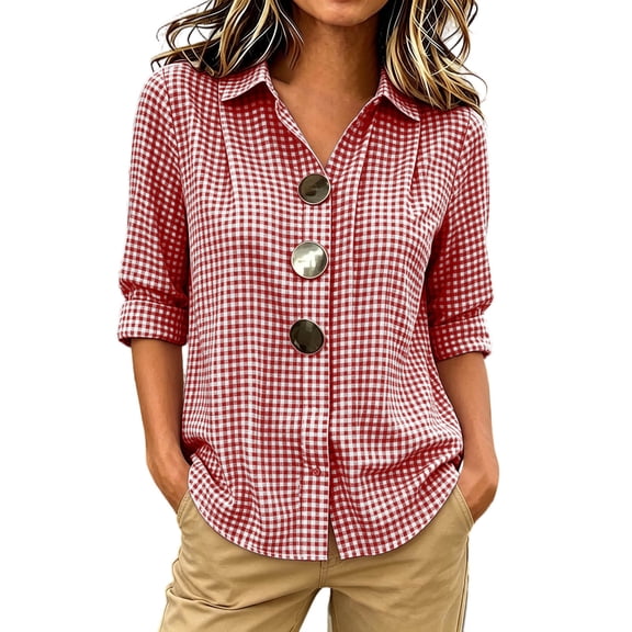 HappyYEE Women's Plaid Long Sleeve Shirt - Plus Size Lapel Collar Button Front Blouses - Loose Fits Breathable Casual Tops 4XL