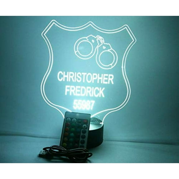 Police Badge Night Light Up Table Lamp LED Personalized Officer Detective Sergeant Lieutenant Captain Chief Name Free Engraved, Our Newest Feature - It's Wow, with Remote, 16 Colors, Great Gift