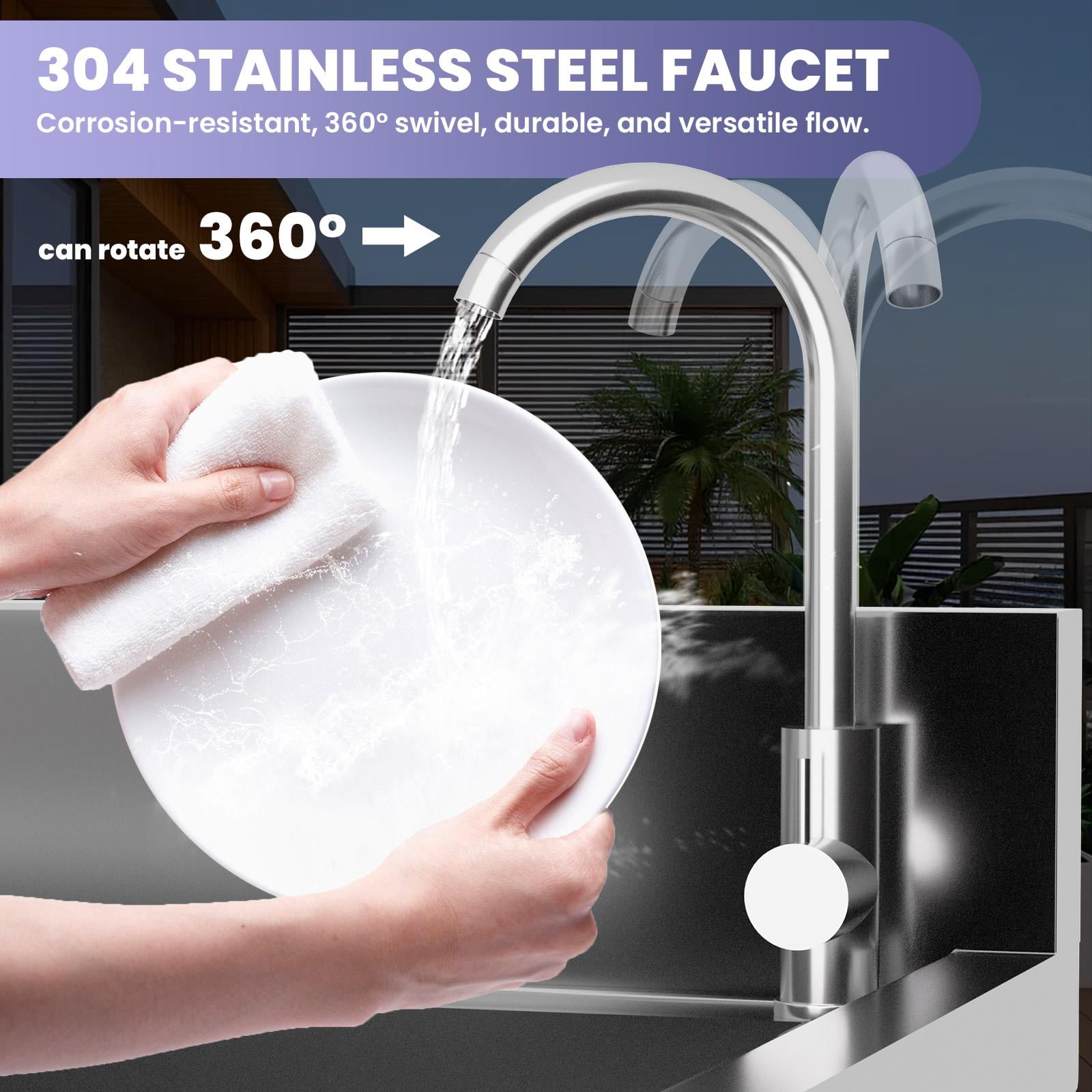 Single Bowl Utility Sink, Freestanding Wash Station, 47.3″×18.5″×33.6″ Kitchen Sink, with Swivel Faucet, Hot Cold Lines, Organizer Shelf, for Laundry, Backyard, Small Business
