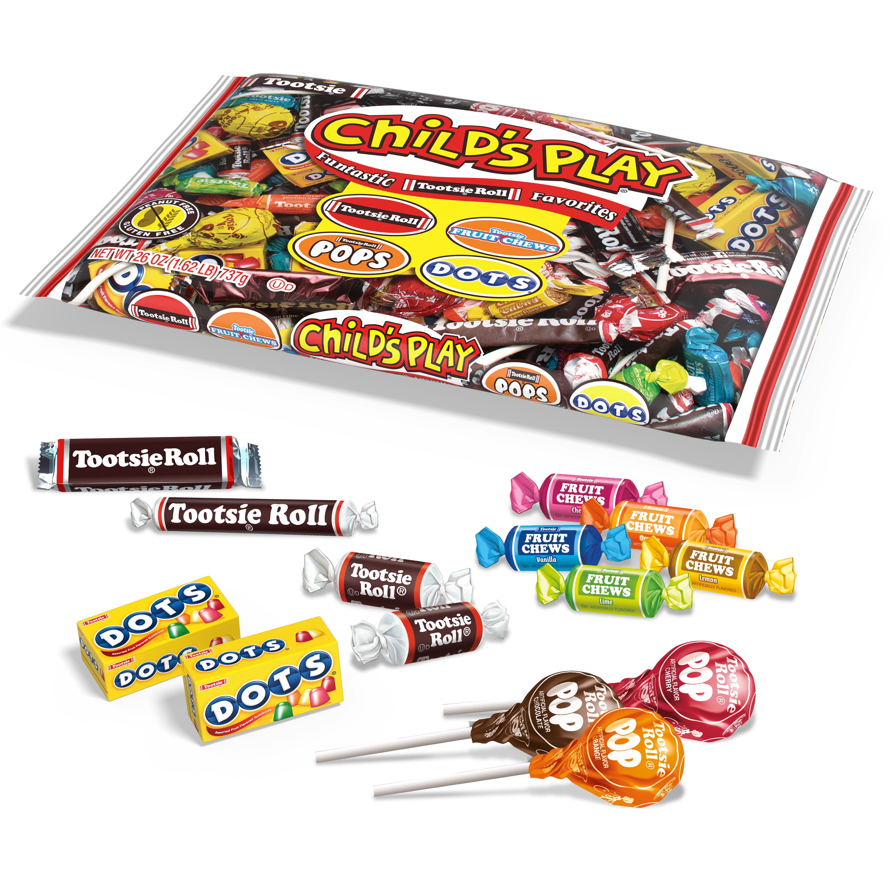 Tootsie Child's Play, Variety Candy Pack, 26 oz. Peanut Free, Gluten Free. Contains Milk and Soy. Egg May Be Present.