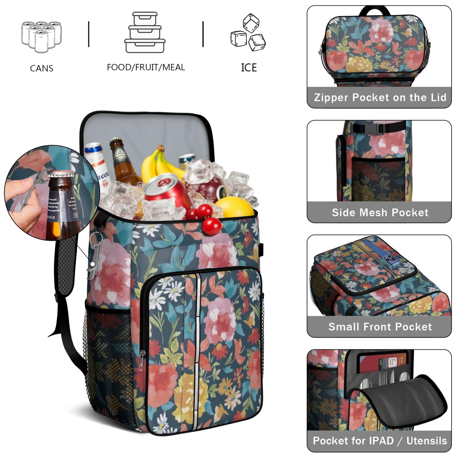 Travel Cooler Bag - Pioneer Flower Floral Print Pattern Camping Beer Cooler Backpack with Bottle Opener- Waterproof Insulated Picnic Backpacks - Cooler Bag for Beach