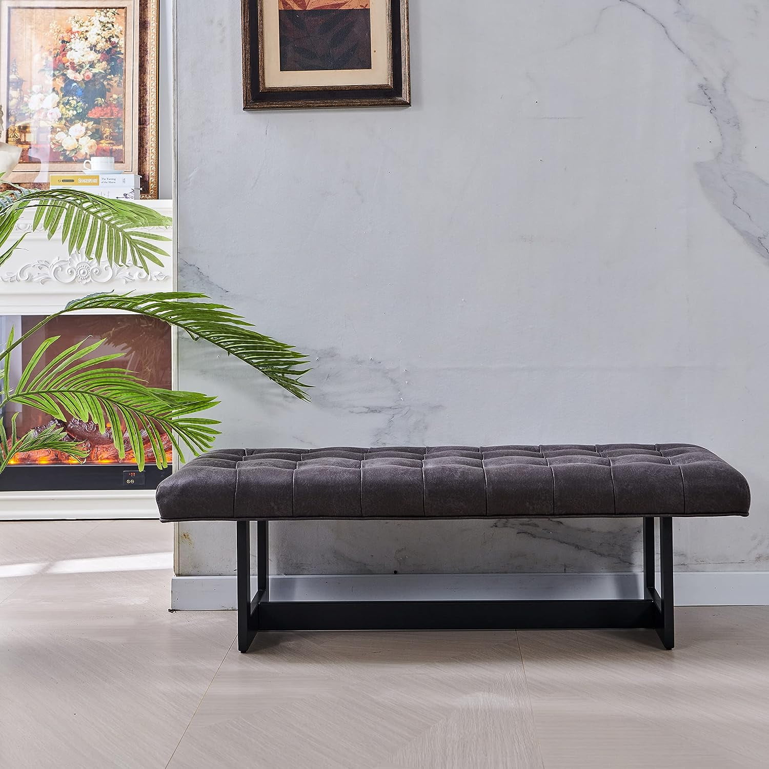 Nathaniel Home 48'' Button-Tufted Kids Ottoman, Upholstered Bedroom Benches, Leather Footrest Stool Accent Bench, for Bedroom End of Bed, Foggy Gray