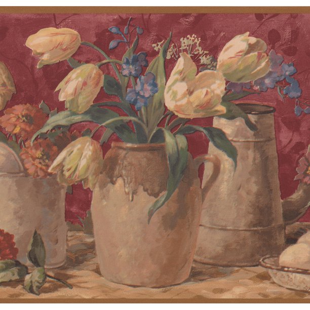 Wallpaper Border Beige Tulips in Pots Floral Extra Wide Wall Border