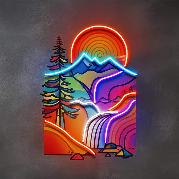 USB-Powered Neon Mountain Wall Lamp - Vibrant Sunset Landscape with Pine Trees & Waterfall, Abstract Pop Art Wall Decor for Home, Office, Cafe or Restaurant. Colorful Plastic Wall-Mounted Neon Sign L