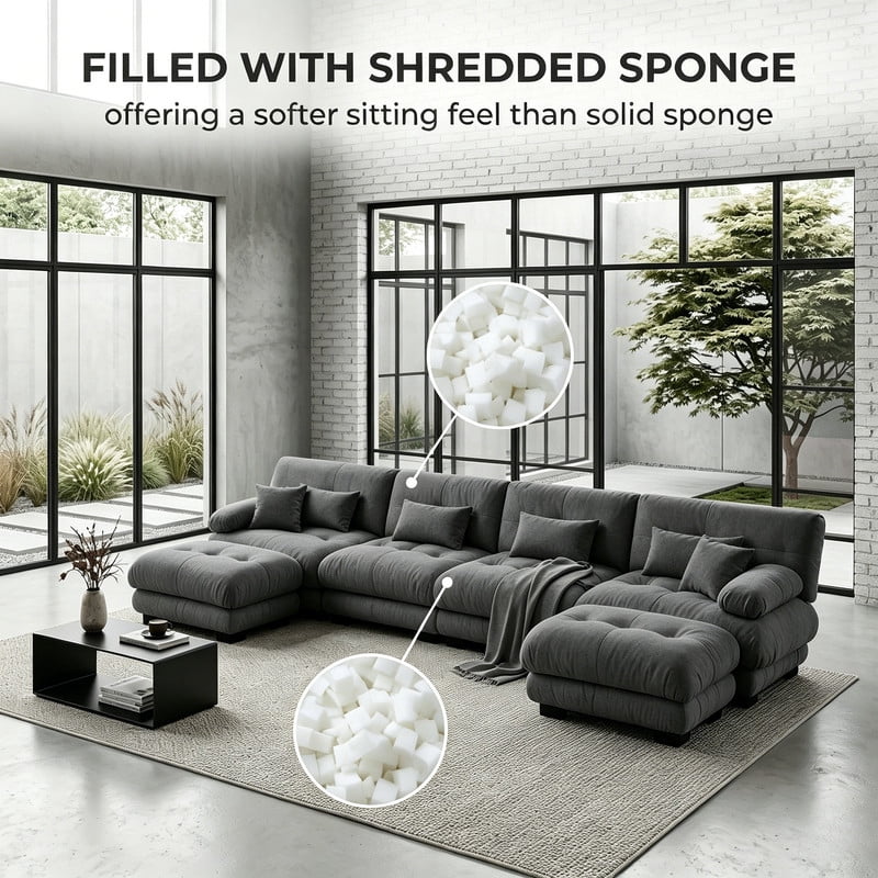 ANPPORT Cloud Couch Sleeper Sofa, Chenille Gray 4-Seater Modular Sofa with 2 Ottomans, 4 Lumbar pillows, 2 Pillows, Comfy Deep Seat Cloud Sofa, Convertible L-Shaped Floor Couch for Living Room