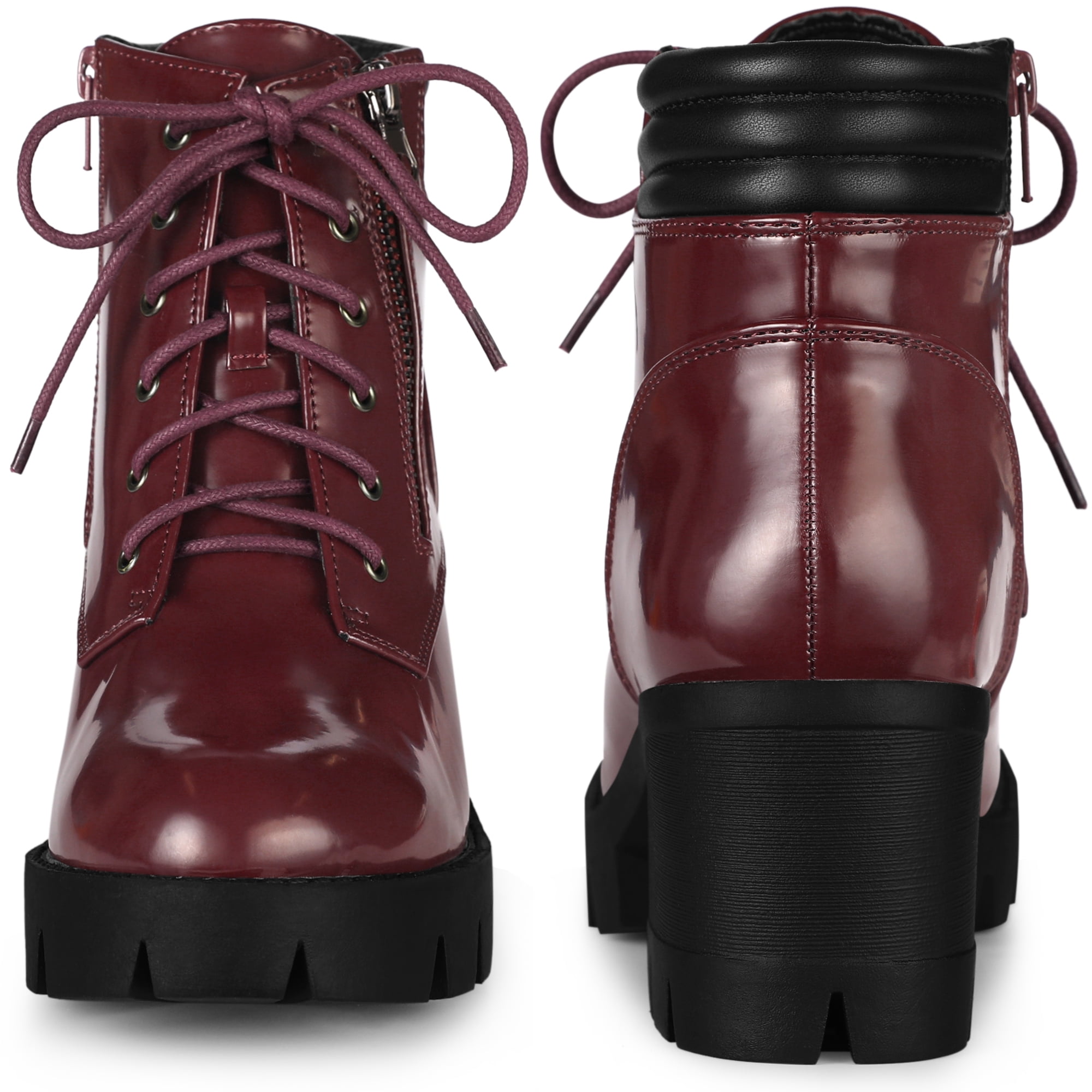 Unique Bargains Women's Lace Up Platform Chunky Heel Combat Boot Burgundy 9.5