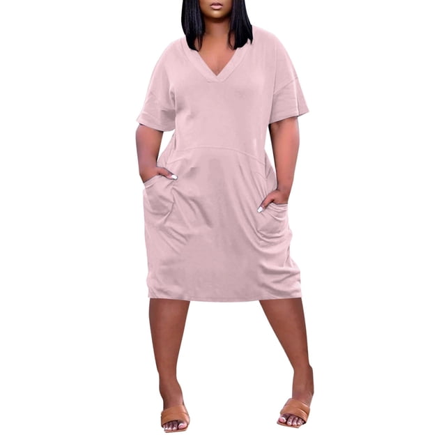 vestido casual de color sólido con bolsillo en la rodilla y manga corta con cuello en v de talla grande de verano para mujer rosa / 5xl