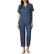 thumbnail image 1 of Conjunto de pijama de 2 piezas para mujer INSPIRE CHIC, camisa de satén de botones cortos con pantalones largos, talla XL, azul marino, 1 of 5
