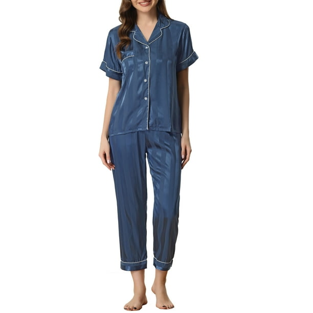 Conjunto de pijama de 2 piezas para mujer INSPIRE CHIC, camisa de satén de botones cortos con pantalones largos, talla XL, azul marino