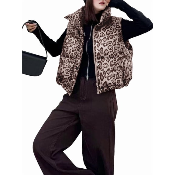 Women'S Leopard Print Quilted Puffer Vest Zip Front Sleeveless Jacket Warm Casual Outerwear Khaki S