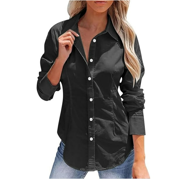 Camisa de manga larga con solapa y botones de lino, corte ajustado y color liso, para mujer - Mezcla de poliéster y lino - Tallas S/M/L/XL/XXL
