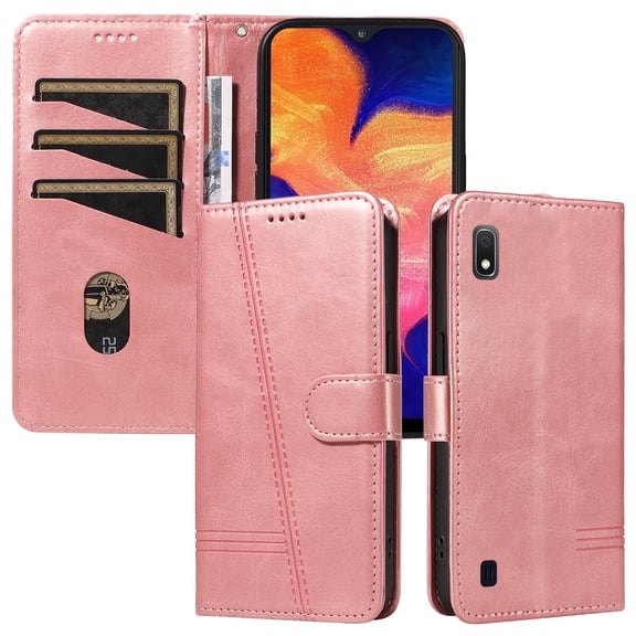 Flip Case for Samsung Galaxy A10, 360 Degree Protection Shockproof PU Leather Wallet Phone Cover, Kickstand and 3 Card Slots, Rose Gold