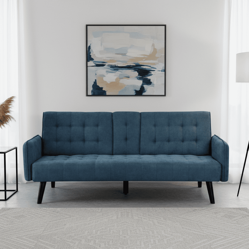 BSHTI 72" Linen Sleeper Sofa Bed with Folding Backrest,Adjustable Back, Drop-Down Table with Cup Holder for Living Room（Light Blue）
