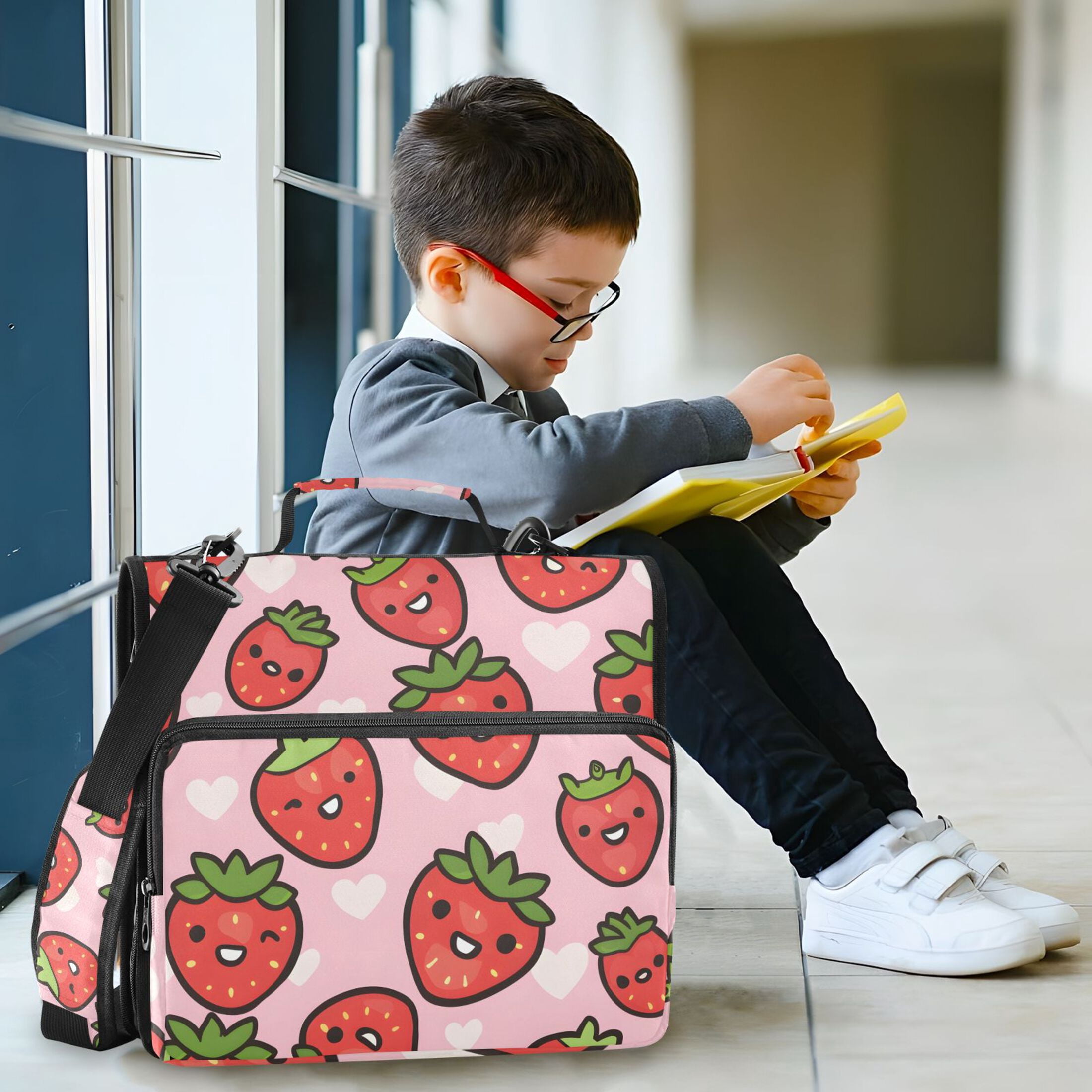 3 Ring Zipper Binder with Shoulder Strap Waterproof Trapper Keeper 2 Inch D-Ring 500 Sheets Capacity Cute Cartoon Strawberry