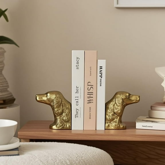 Decorative Bookends for Shelves, Gold Dog Heavy Bookends for Heavy Books, Vintage Book Ends Unique Cast Iron Bookends for Home Office Decor