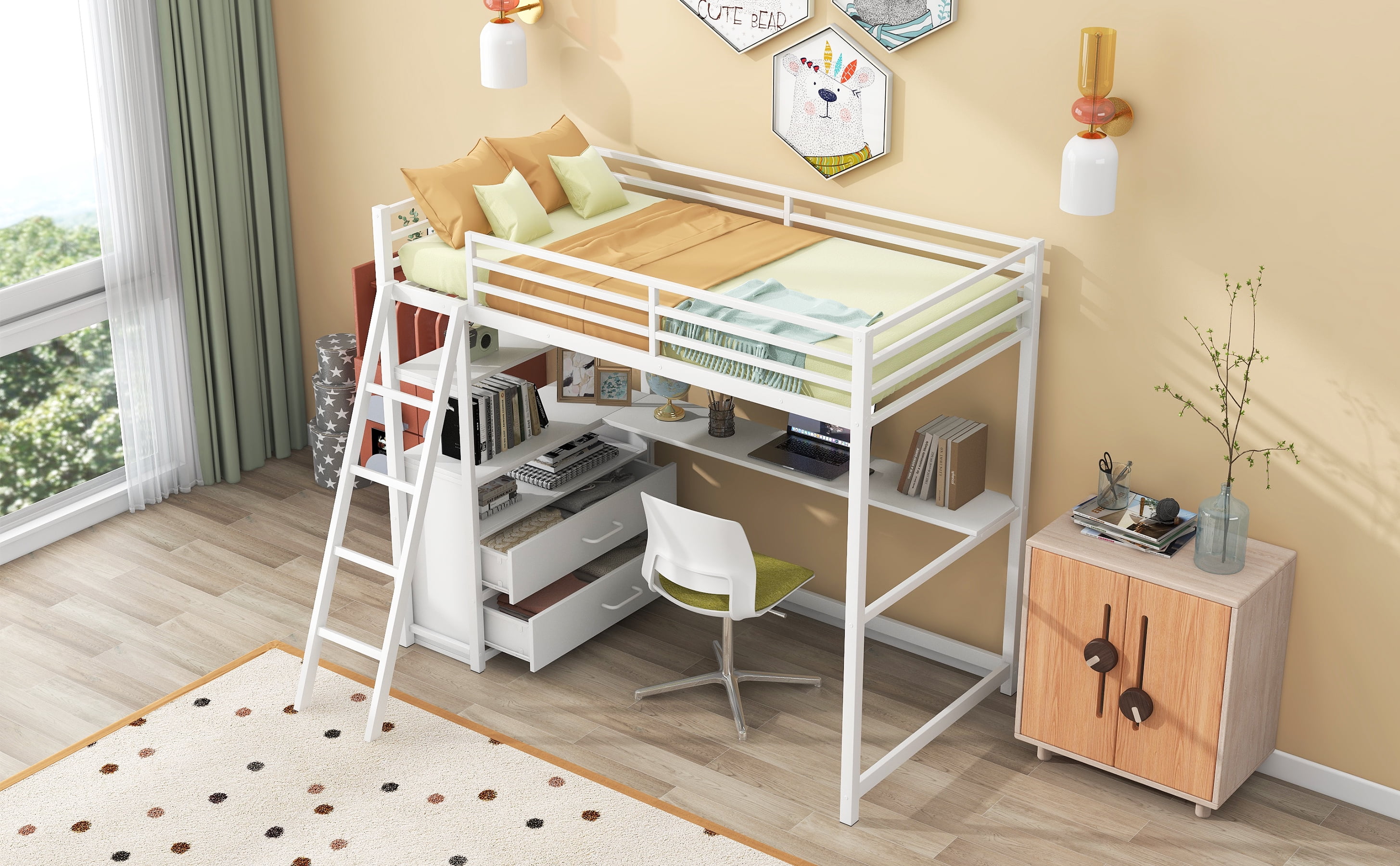 Yoneston Twin Size Loft Bed with Desk Shelve and Two Built-in Drawers, Heavy Duty Metal & Wood Loft Bed for Kids Toddles Bedroom, White