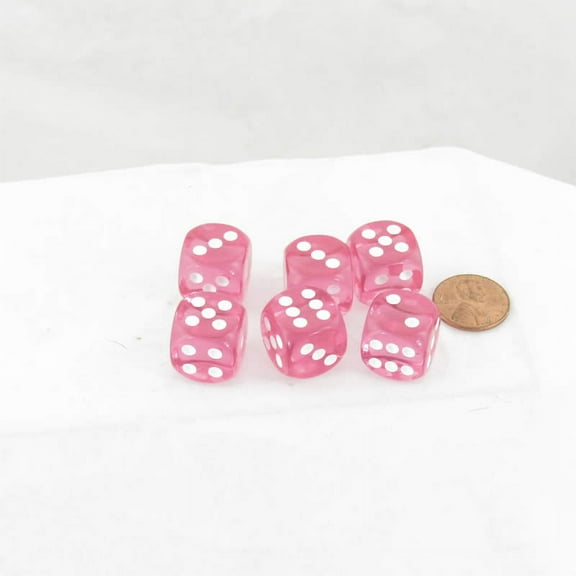 Pink Translucent Dice with White Pips D6 16mm (5/8in) Pack of 6 Wondertrail