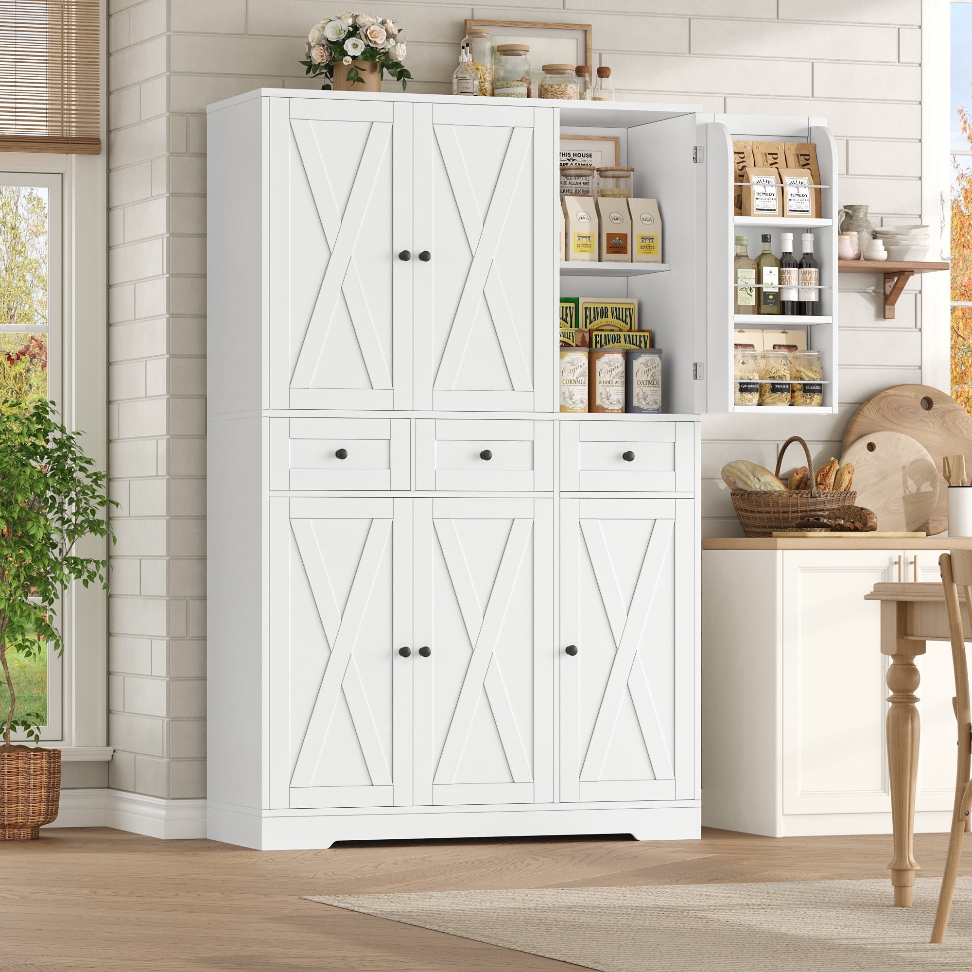 Hiphuta 67" Tall Farmhouse Kitchen Pantry Storage Cabinet with Door Shelves, 43" Wide Large Cupboard Hutch with 3 Drawers, White