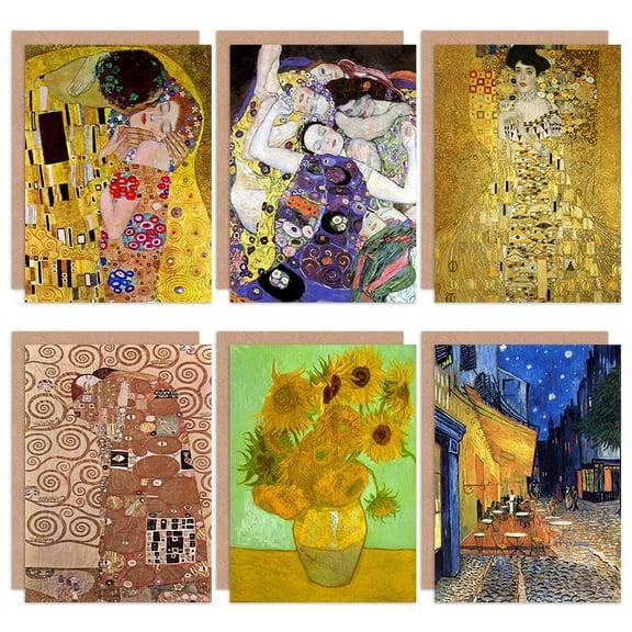 Old Masters Gustav Klimt Van Gogh The Kiss Sunflower All Occasions Various Assorted Blank Greeting Cards With Envelopes Pack of 6
