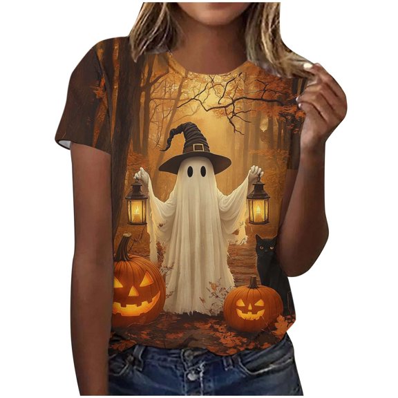 Witch Pumpkin Cute Graphic T-Shirt for Women Crew Neck Short Sleeve Loose Casual Tops Fall Tees Multicolor M