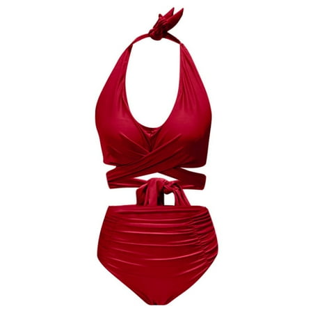 Womens Bikinis Summer Solid Color Halter Bra And Panty Set Fashion High Waist Two Piece Tankini Swimsuits For Women Activewear Red XL