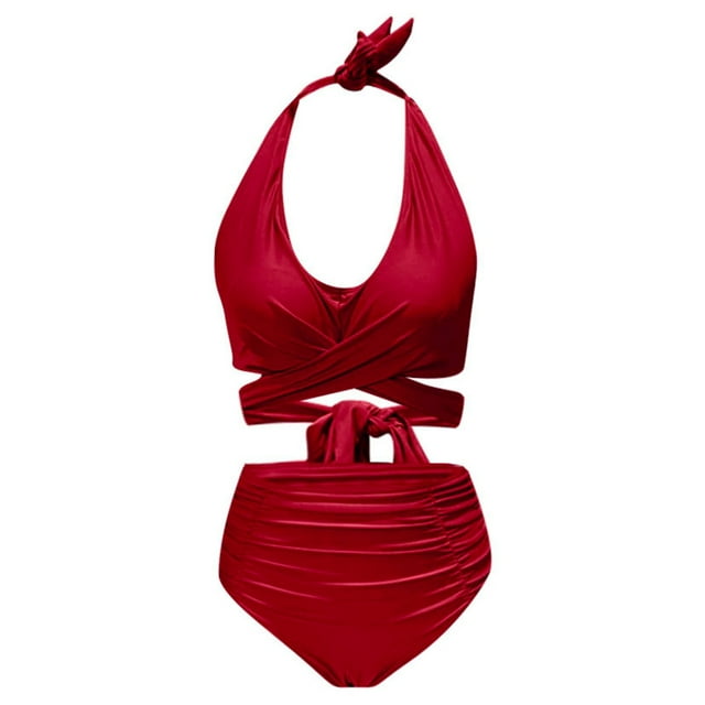 Swimsuits Women Solid Color High Waist Tummy Control Split Bikinis Red Womens Bathing Suits M