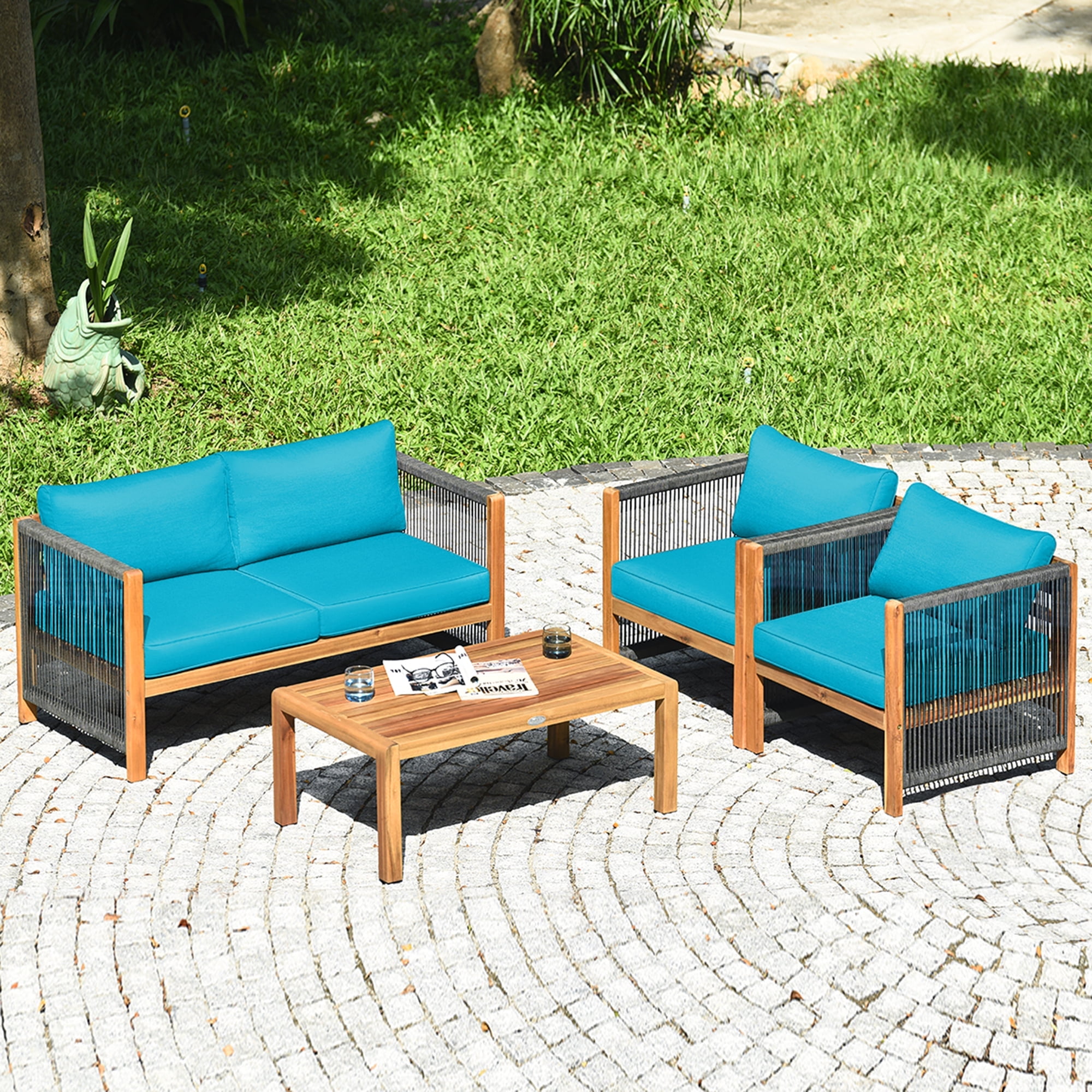 Gymax 8PCS Acacia Wood Outdoor Patio Furniture Conversation Set W/ Turquoise Cushions