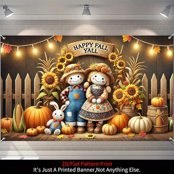 1 piece, Thanksgiving autumn banner background decoration, 2D flat scarecrow and sunflower, pumpkin pattern background wall hanging decorative banner, party supplies, indoor/outdoor party decoration,
