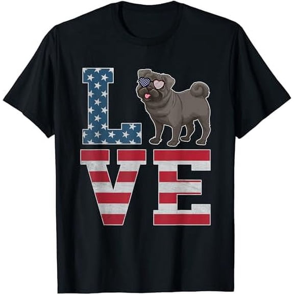 4th of July Decor Patriotic LOVE Pug Dog American Flag T-Shirt