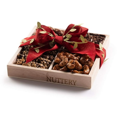 Nuttery Specialty Chocolate & Nuts Classic 4 Section Holiday Gift Tray-Christmas Red Ribbon Mega Gift