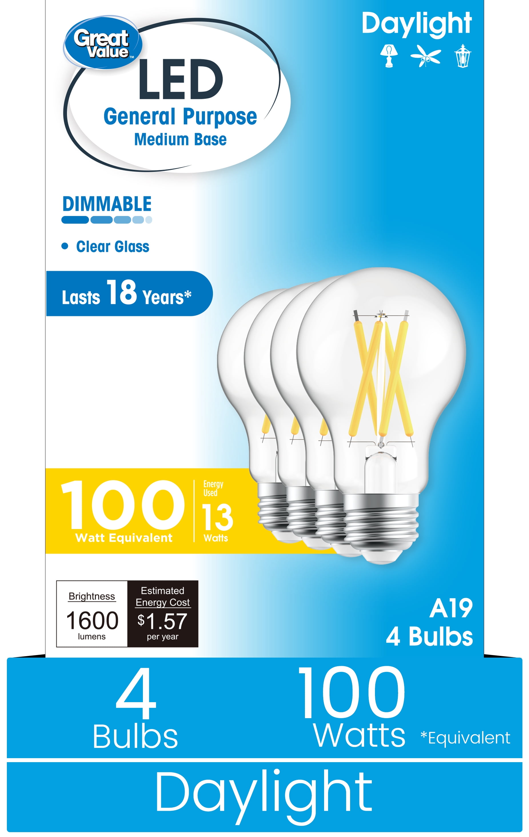 (4 pack) Great Value 18YR A19 LED Light Bulb, 13W (100W Equivalent) Daylight Dimmable E26 Medium Base (4 Pack)