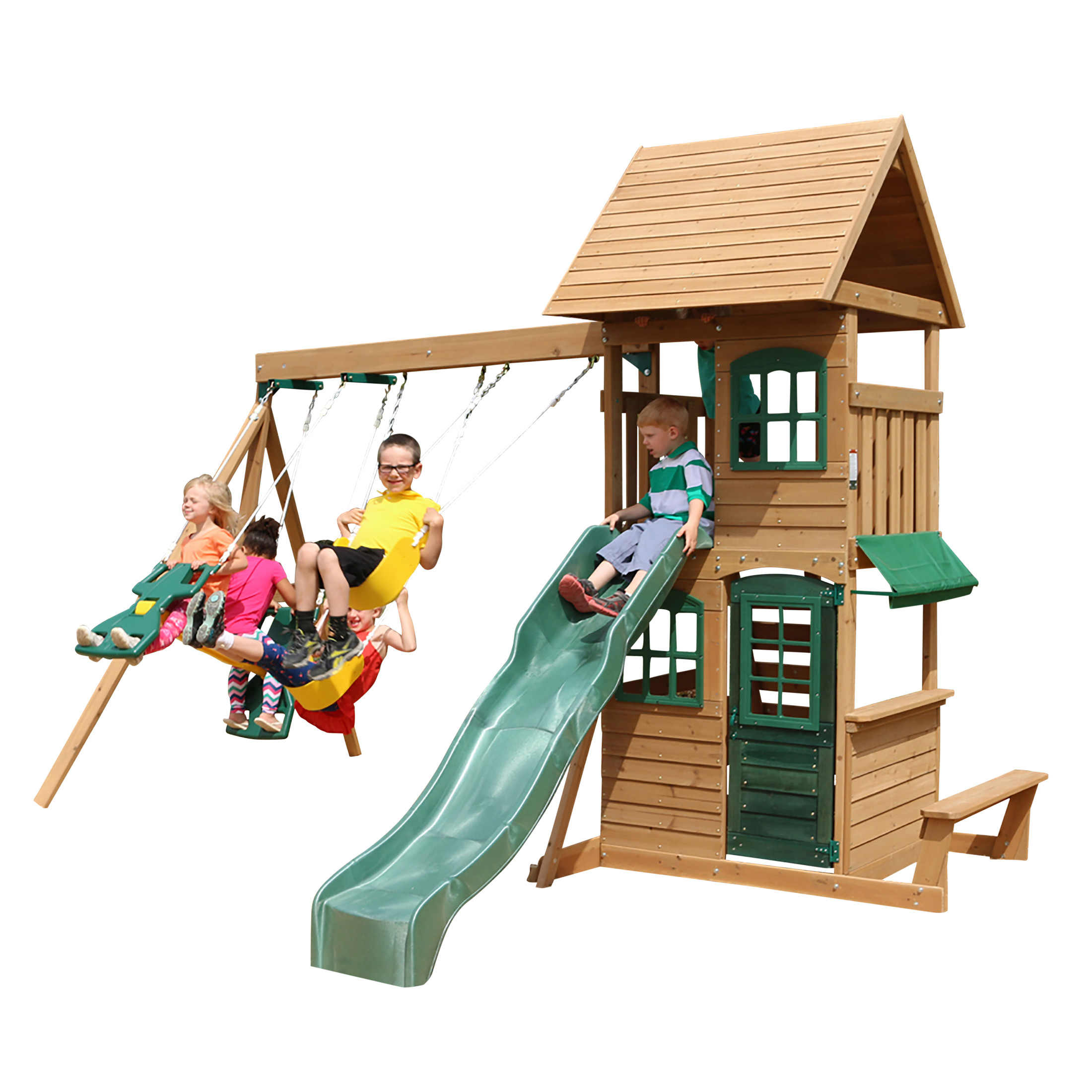 KidKraft Windale Wooden Swing Set / Playset with Clubhouse, Swings, Slide, Shaded Table and Bench - image 2 of 12