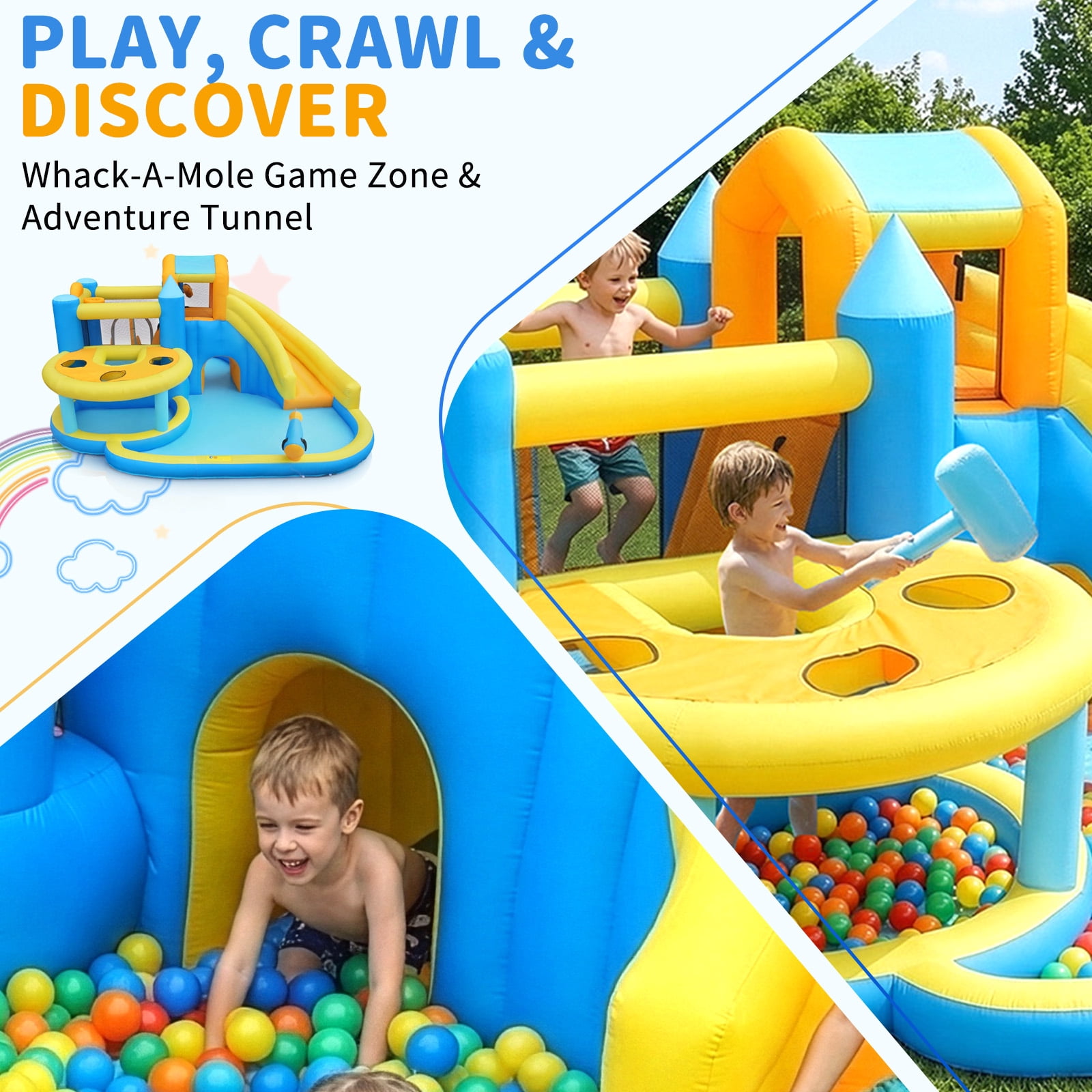 Ktaxon 10-in-1 Inflatable Water Slide Bounce House with Blower, 167" x 161" x 83", Whack-a-Mole Water Park w/ Splash Pool, Bounce Area & Crawl-Through Tunnel, Kids Backyard
