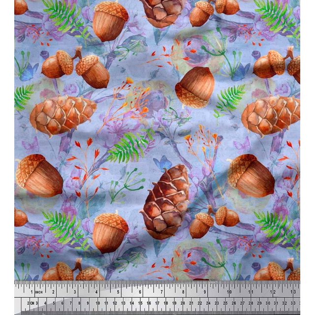 Soimoi Blue polyester Crepe Fabric Apricot, polyester & Oaknut Fruits Printed Fabric 1 Yard 42 Inch Wide