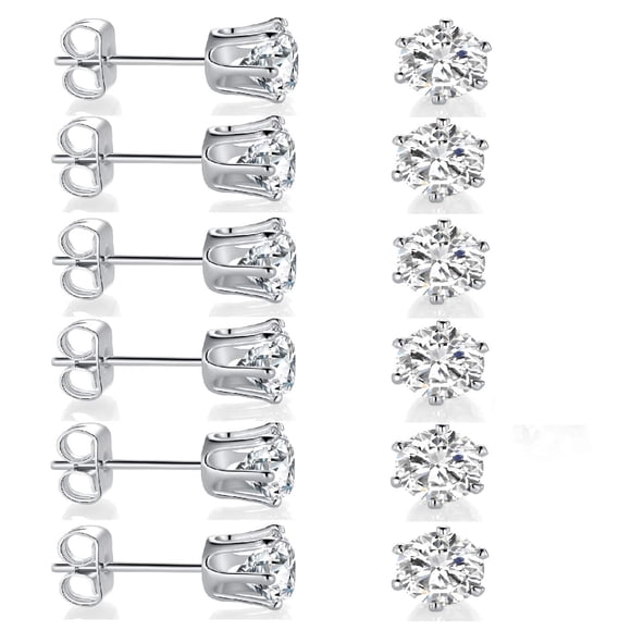 14K White Gold Plated 7.0mm Round Clear Cubic Zirconia Stud Earring Pack of 6 Pairs (6 Pairs)