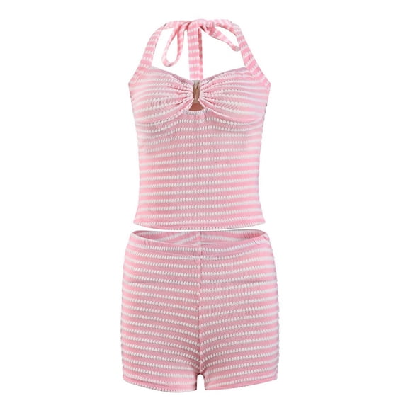 2 Piece Knit Set for Women Stripe Sleeveless Top Bodycon Shorts Tracksuits Y2k Lounge Outfits Beach Set Pink L
