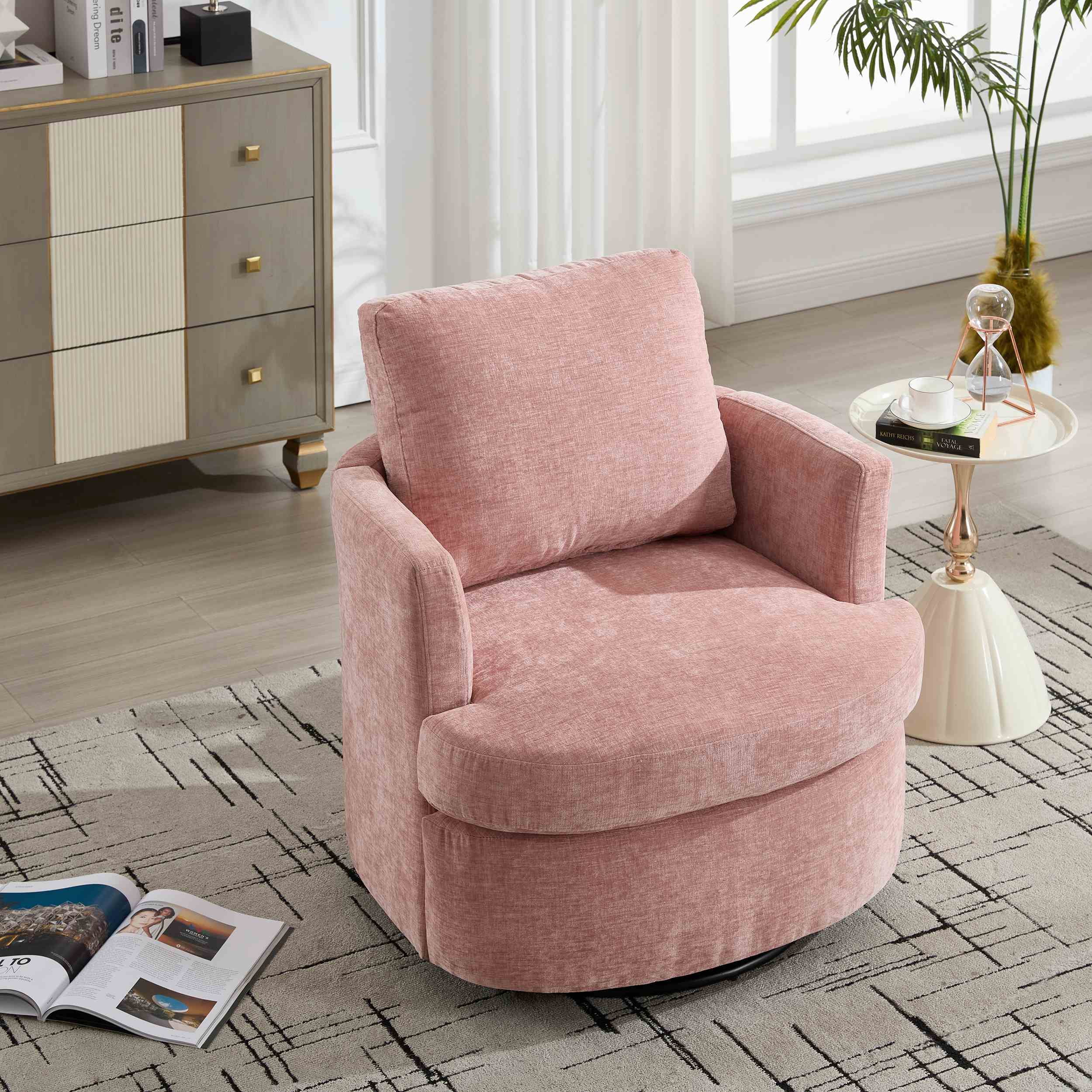 360° Swivel Barrel Chair, Upholstered Accent Chair, Suitable for Nurseries, Offices,Pink