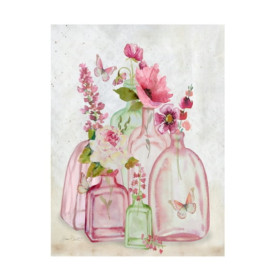 Canvas Wall Art - Jean Plout 'Pink Bottles 1' Wall Art for Living Room, Bedroom, or Office Décor by Trademark Fine Art - 14 x 19 Inches