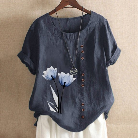 Women Plus Size T-Shirt Blouse Sawvnm Women's Summer Casual Round Neck Short Sleeve Printing Loose Shirt Tops for Women Navy L